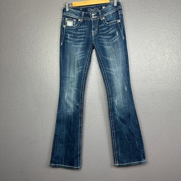 Miss Me Size 27 Sparkly Sequin Silver Bootcut Jeans Flap Pockets Dark Blue - Picture 2 of 8